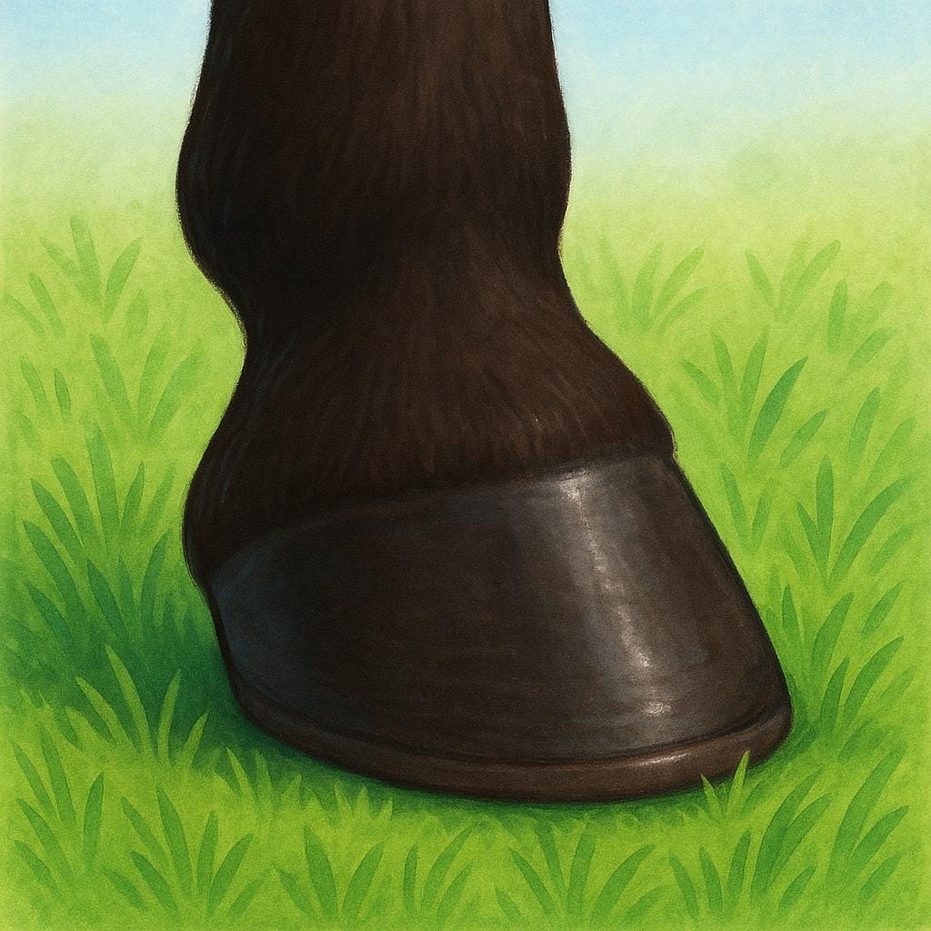 A close-up view of a horse's dark hoof resting firmly on green grass.