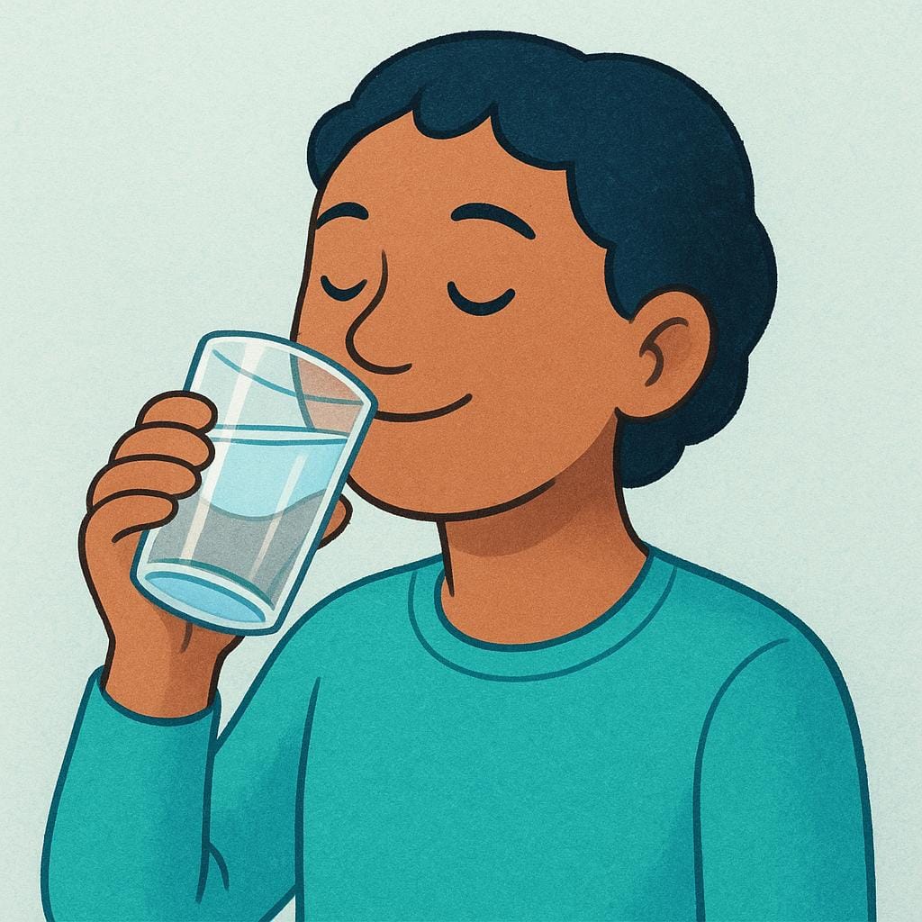 A smiling person holding a clear glass of water and taking a sip.