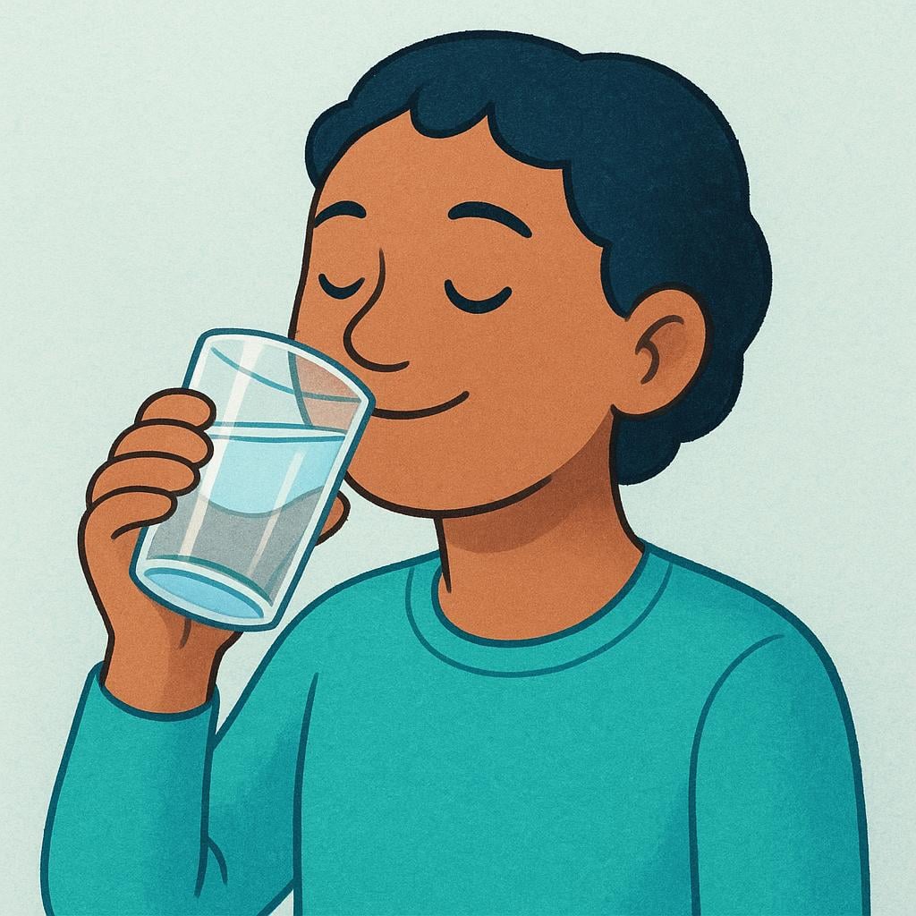 A smiling person holding a clear glass of water and taking a sip.