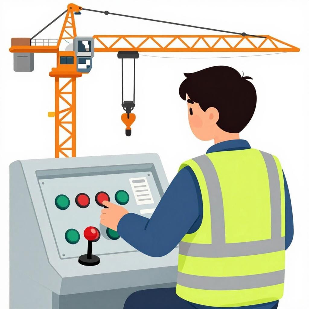 Uma pessoa usando um headset e um colete de segurança operando um grande guindaste industrial com um painel de controle.