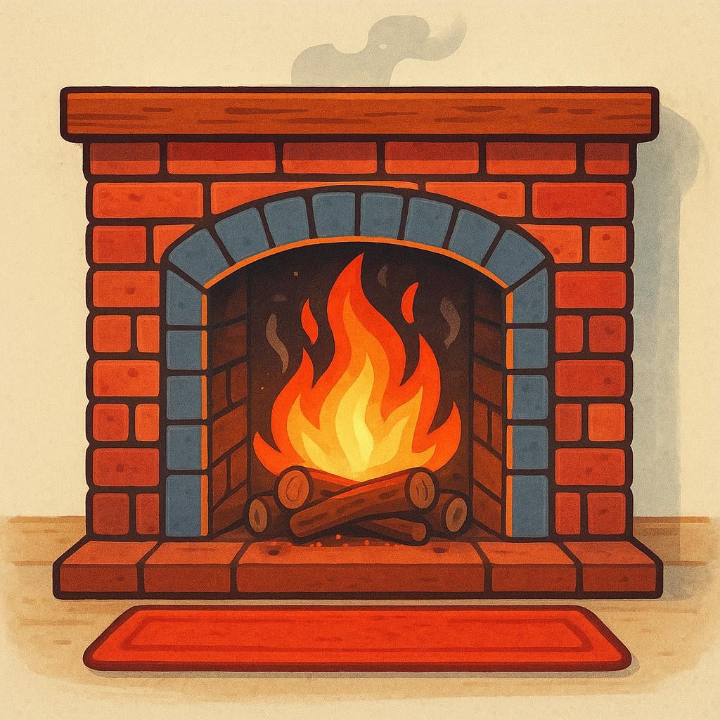 A cozy, indoor brick fireplace with a roaring orange fire burning brightly, casting a warm glow.