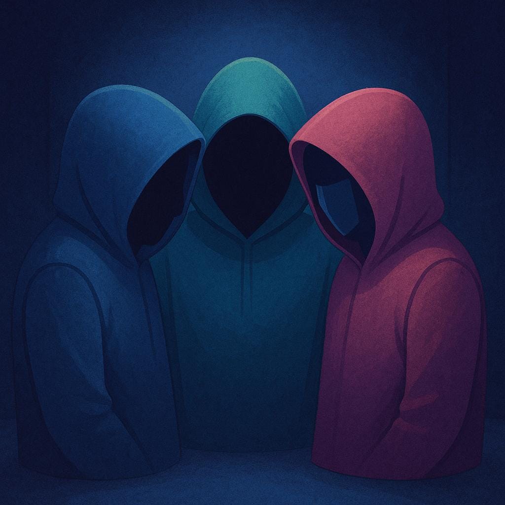 A group of three shadowy figures standing close together in a circle in a dark setting, suggesting a secretive criminal organization.