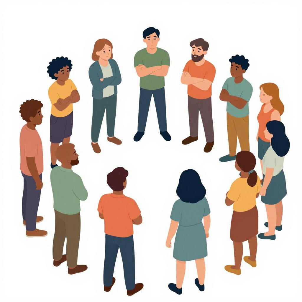 A group of people in a circle with some individuals looking away from each other, representing internal tension.