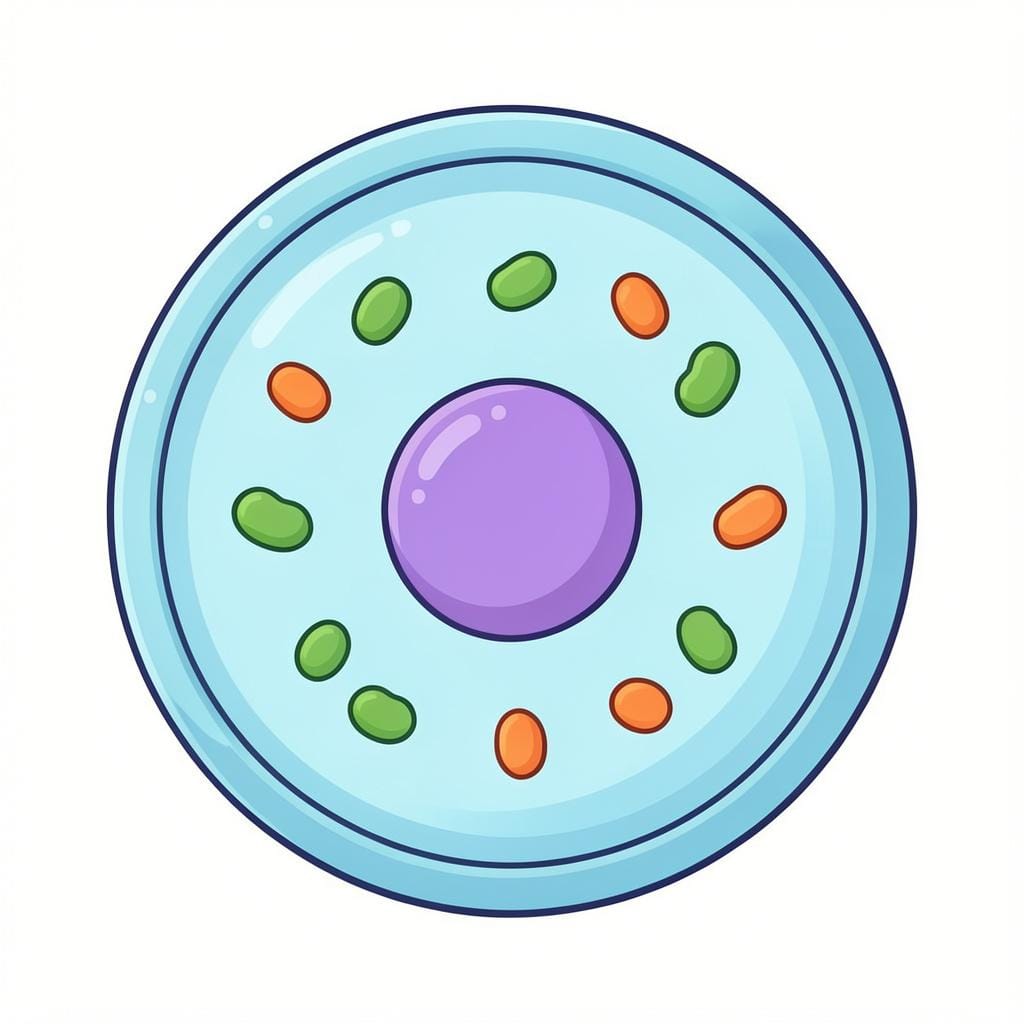 A colorful illustration of a single biological cell showing its nucleus and internal structures.