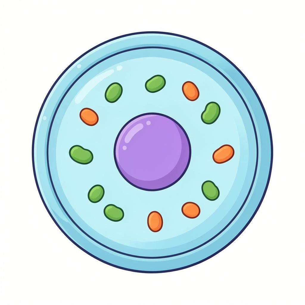 A colorful illustration of a single biological cell showing its nucleus and internal structures.