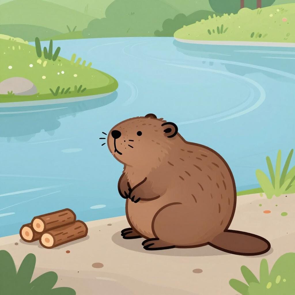 Un castoro marrone seduto sulla riva di un fiume accanto a una diga di legno.