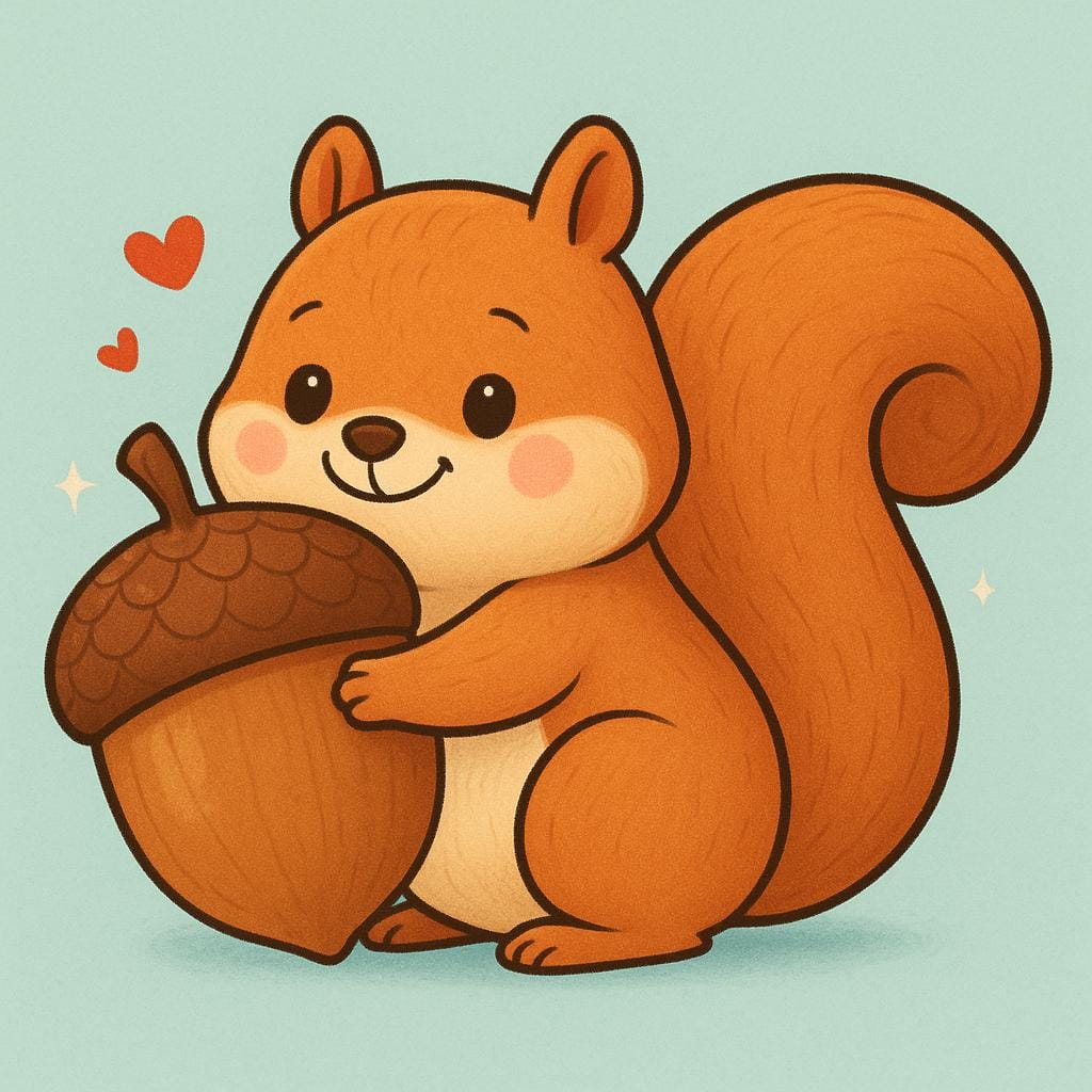 A smiling cartoon squirrel lovingly hugging a giant acorn, showing great fondness or special preference for that item.