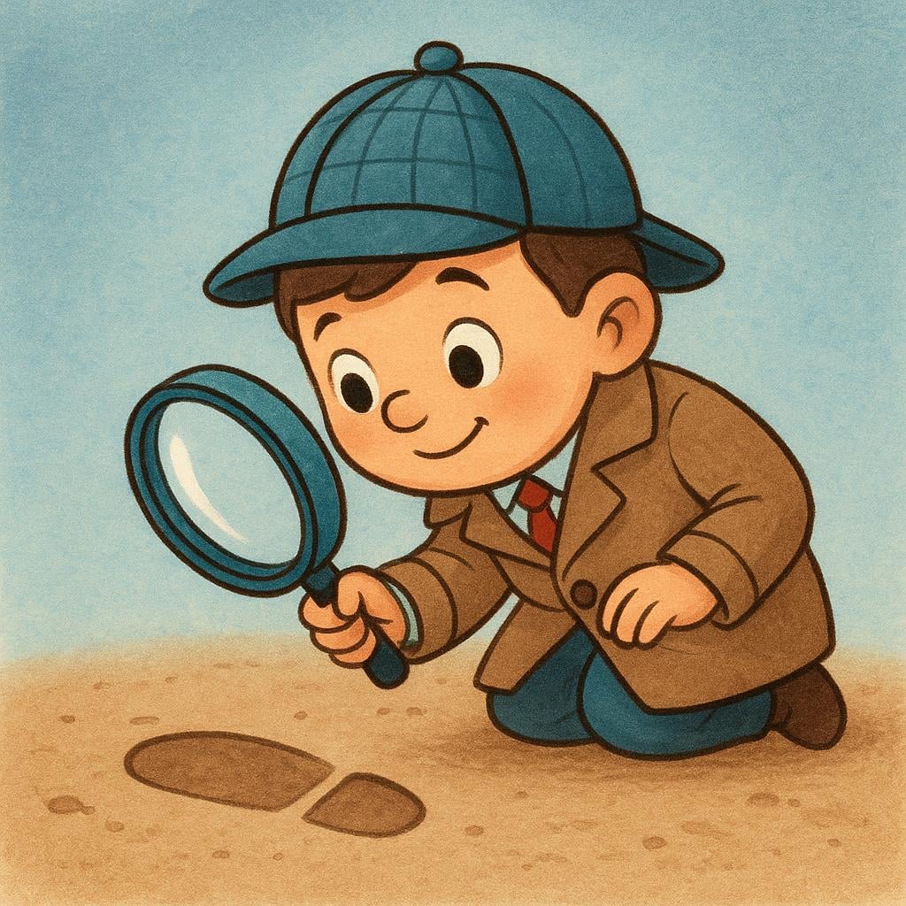 A friendly cartoon detective character holds a large magnifying glass, closely examining a single, clear footprint in the dirt to find facts.