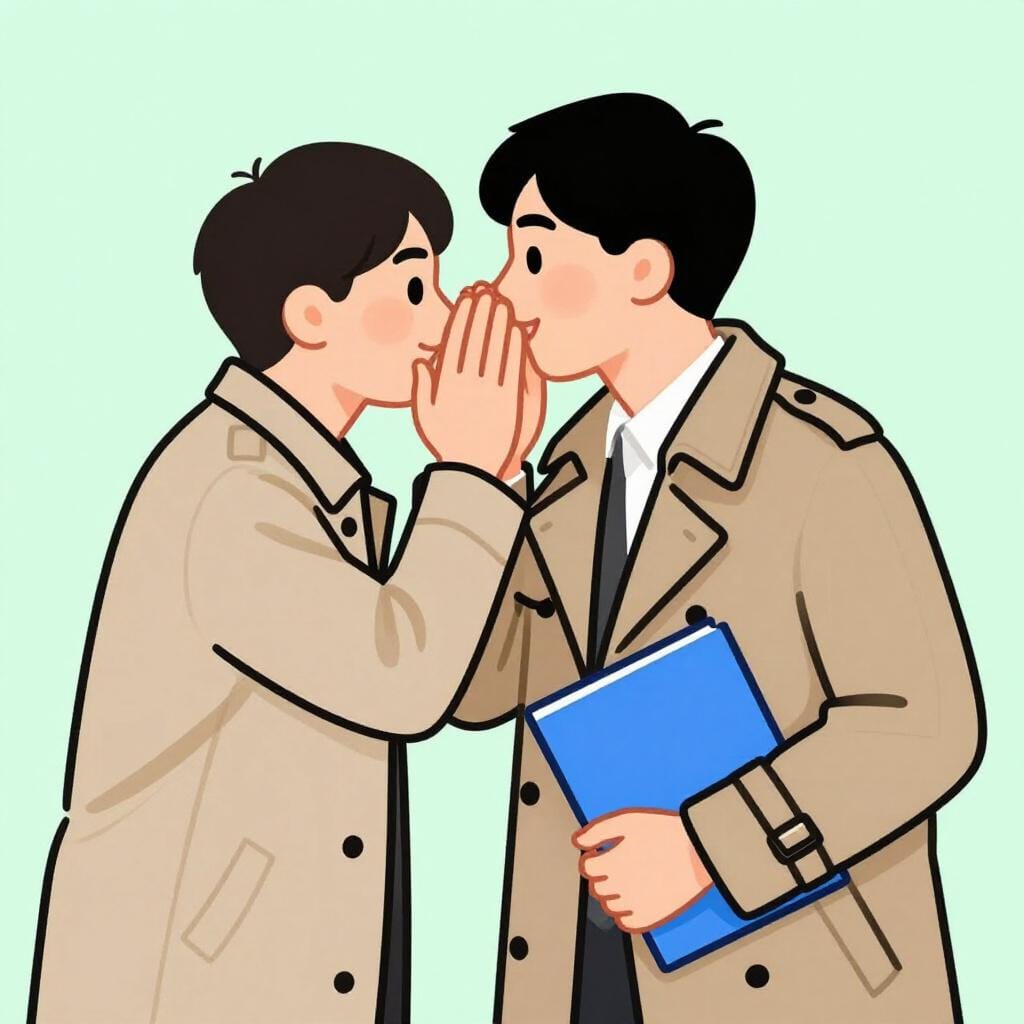 人がフォルダを指差しながら、もう一人の人に秘密をささやいている。