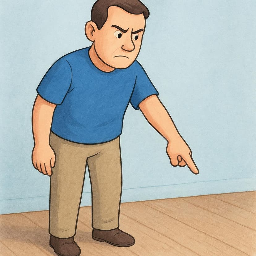 An adult figure standing sternly, pointing decisively toward a corner, indicating a consequence or punishment.