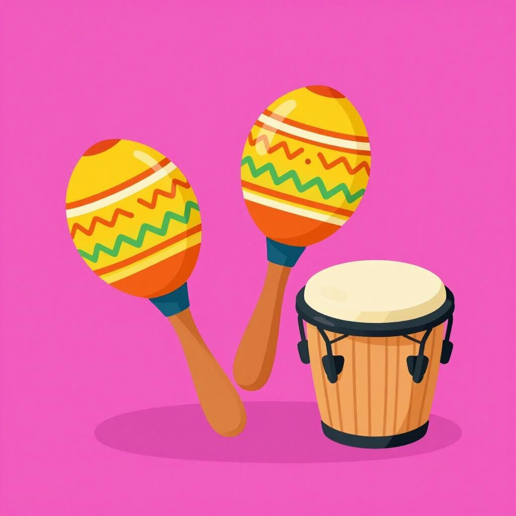 Um par de maracas coloridas e um tambor de madeira brilhante.