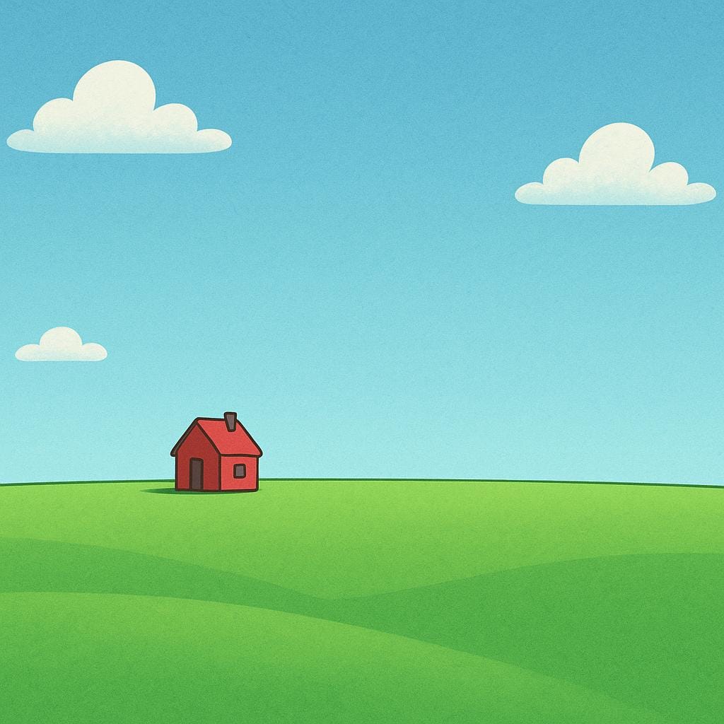 A storybook illustration showing a tiny, simple red house situated far away on a wide, green grassy plain under a clear blue sky.