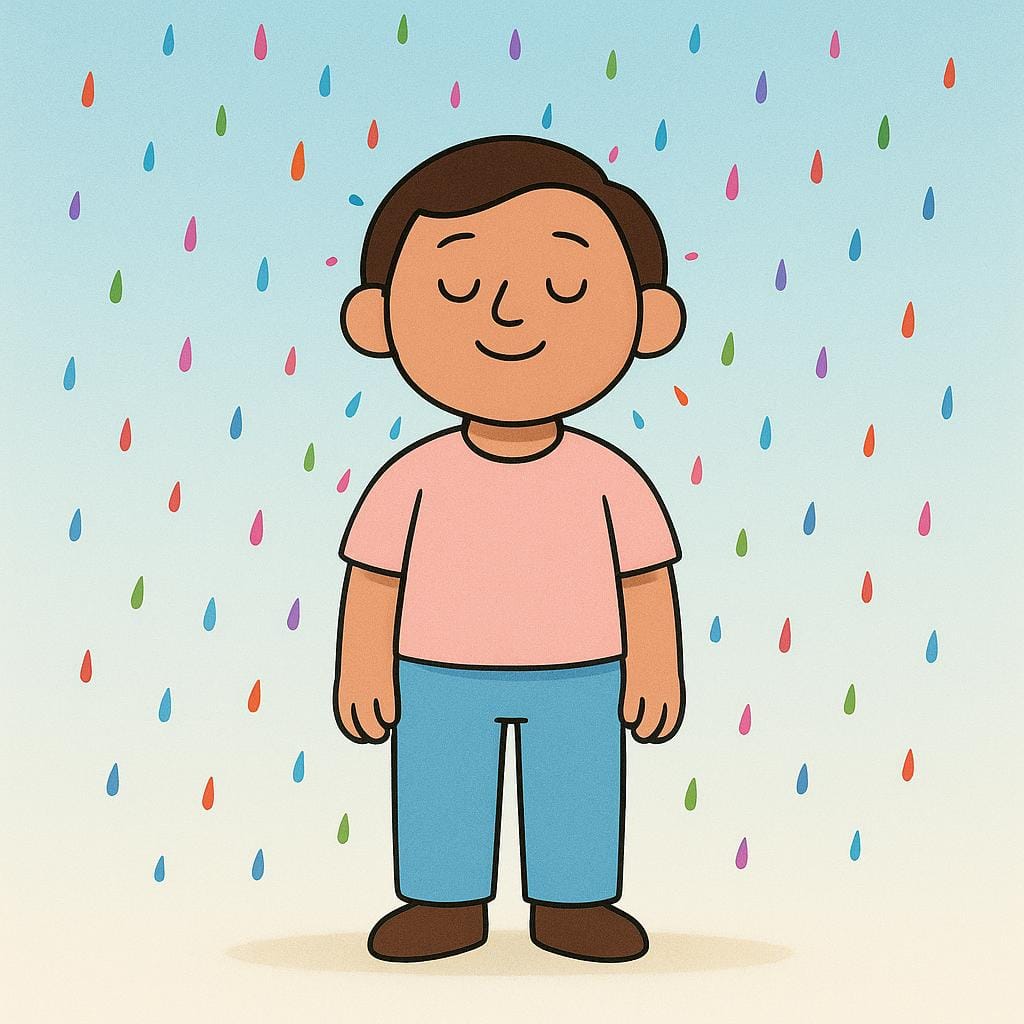 A person standing patiently while small, harmless, colorful droplets fall on their head, illustrating tolerance.