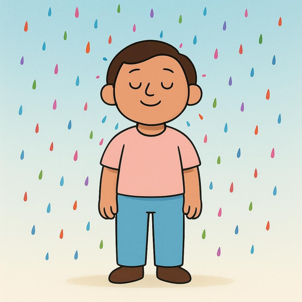 A person standing patiently while small, harmless, colorful droplets fall on their head, illustrating tolerance.