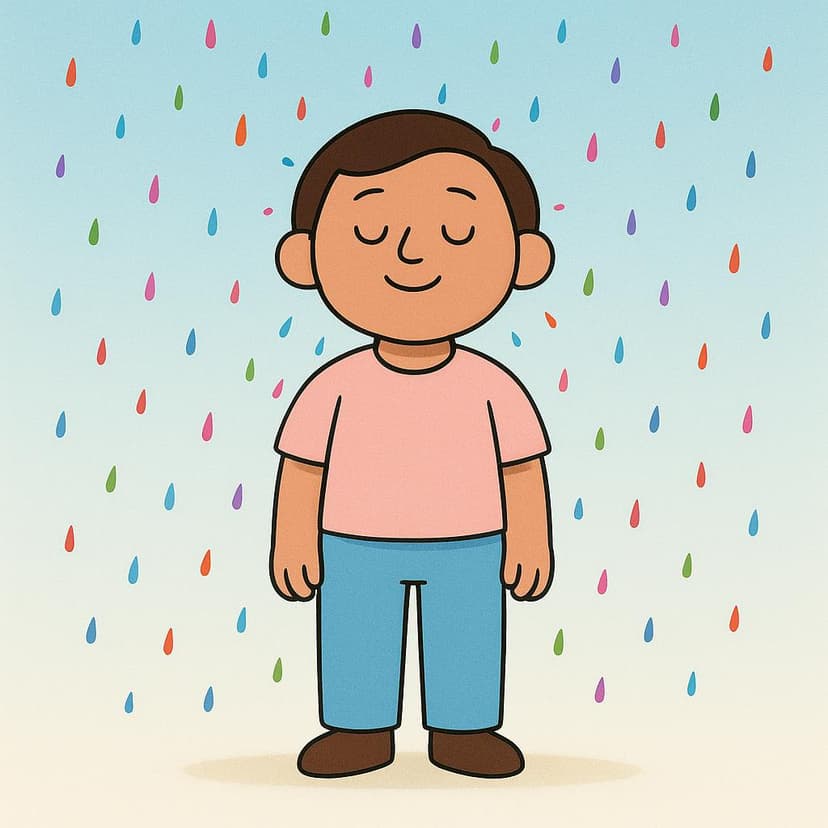 A person standing patiently while small, harmless, colorful droplets fall on their head, illustrating tolerance.