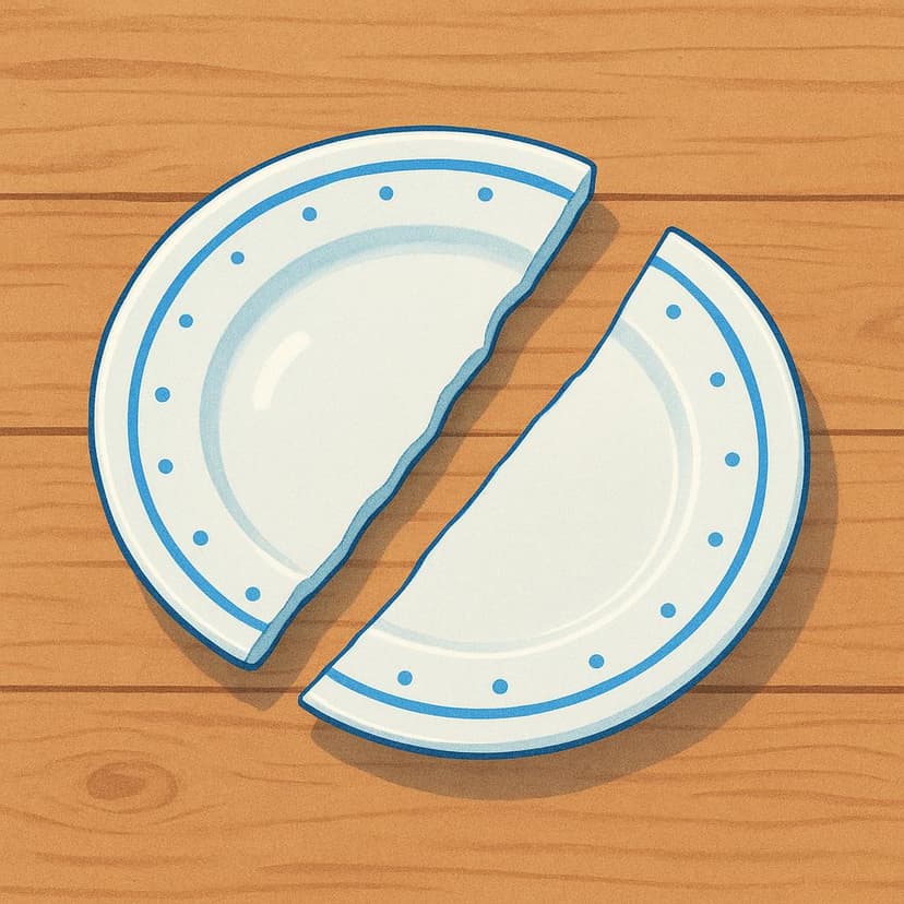 A porcelain plate shattered into several large pieces on a wooden floor, illustrating physical destruction.