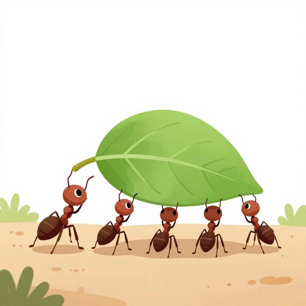 大きな緑の葉を運ぶために協力しているアリの集まり。