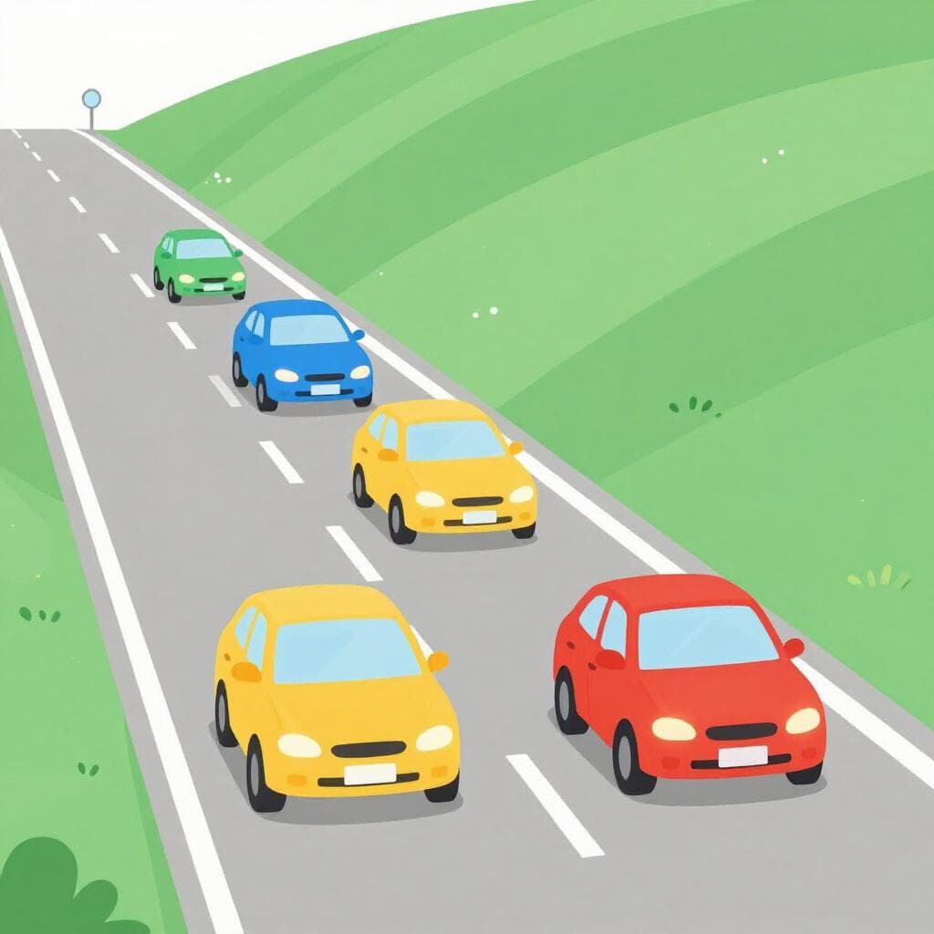 A row of colorful cars driving along a winding road through a green landscape.