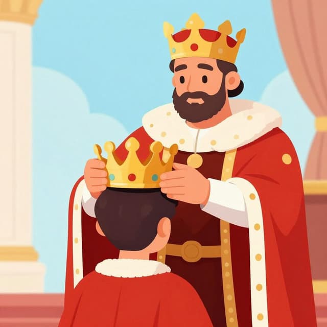 A king placing a golden crown on a young man's head to give him a formal title.