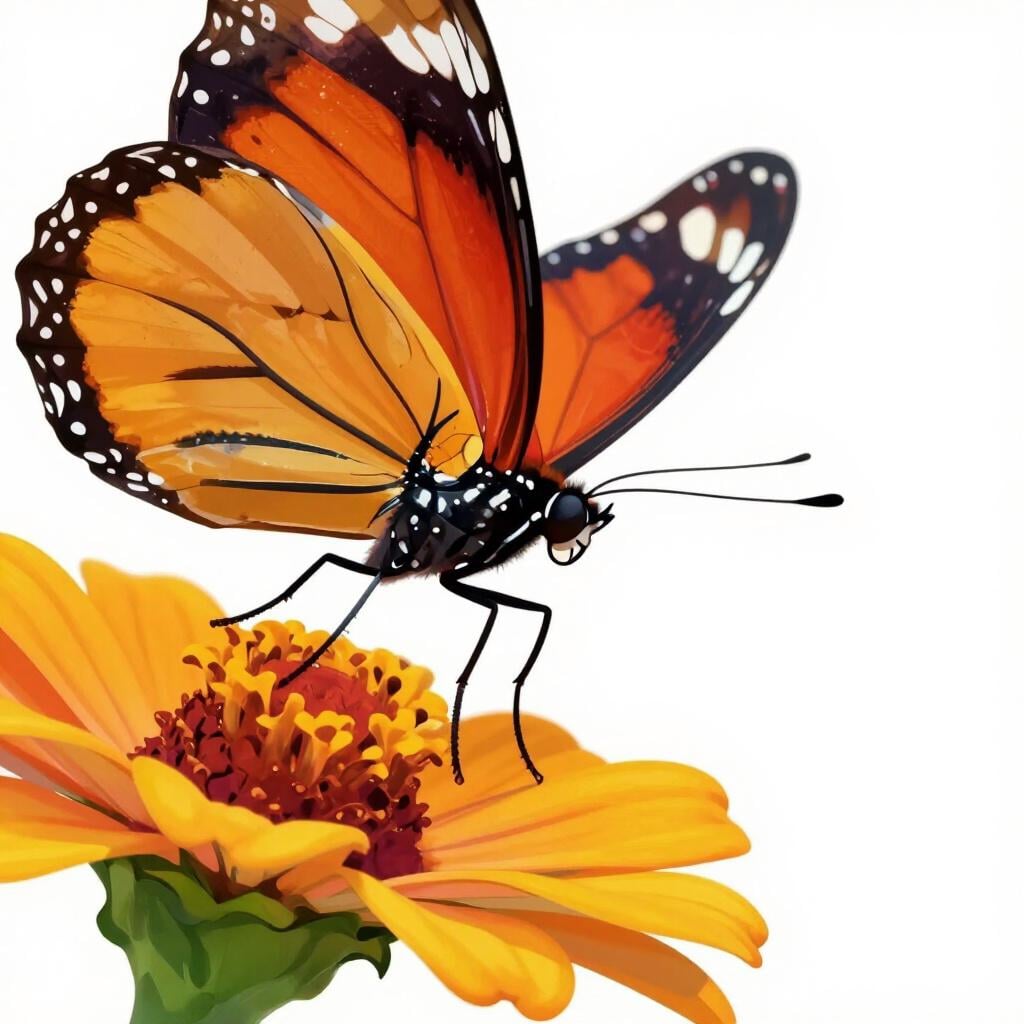 A simple storybook illustration of a butterfly's wing lightly touching a flower petal.