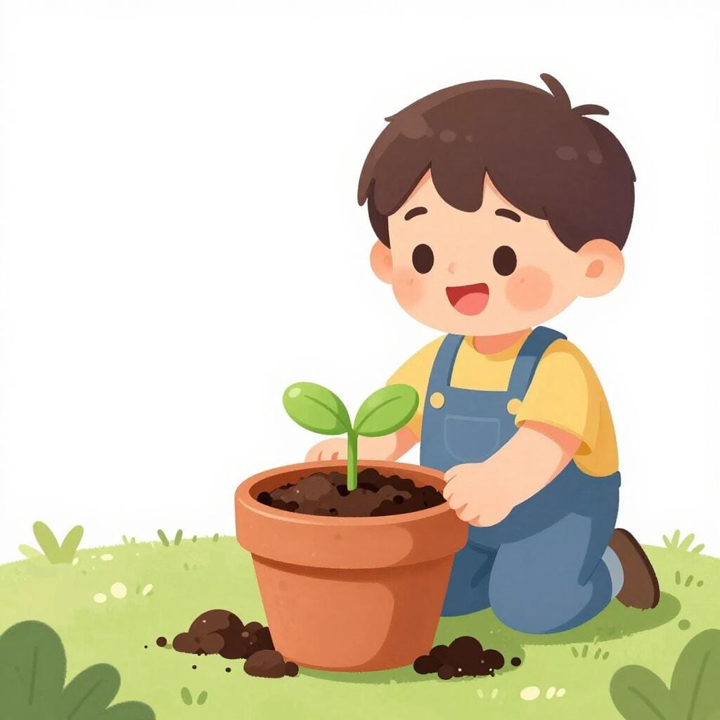 한 아이가 흙이 담긴 화분에 처음으로 작고 푸른 새싹을 심고 있습니다.