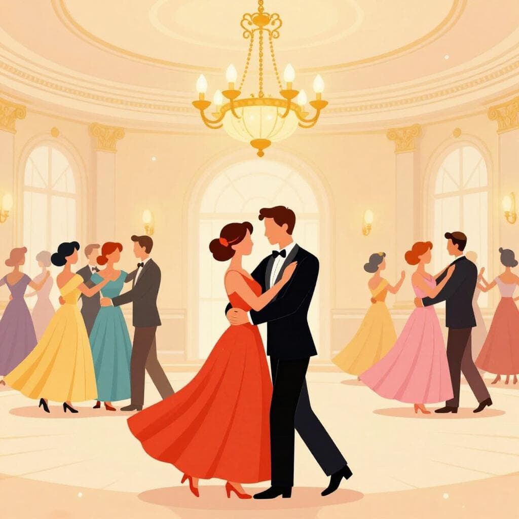 Elegante mensen in formele kleding dansen in een grote balzaal onder een kroonluchter.