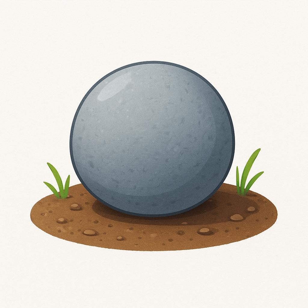 A single, smooth, grey-brown river stone resting on a patch of dirt.