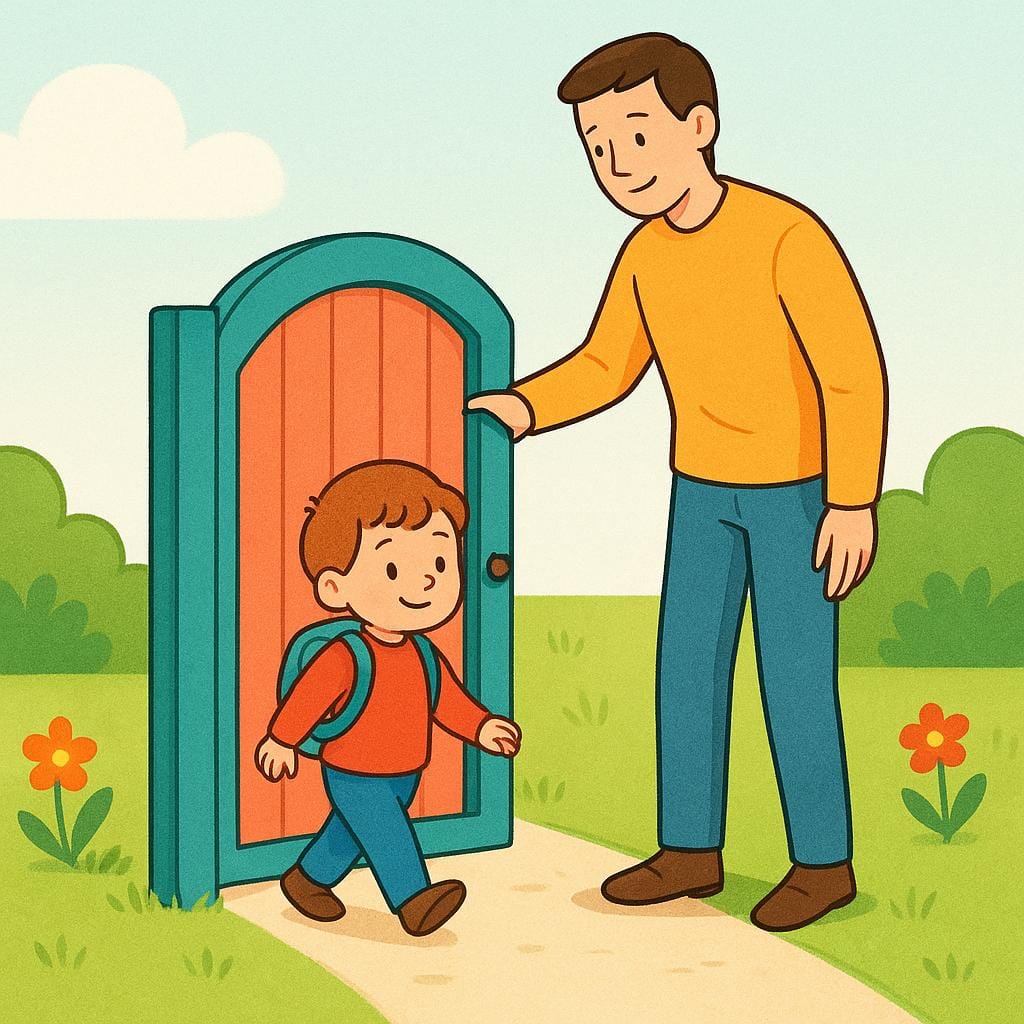 Een lange volwassen figuur die een felgekleurde houten poort wijd openhoudt, waardoor een klein kind een zonnige tuin in kan lopen, wat toestemming symboliseert.
