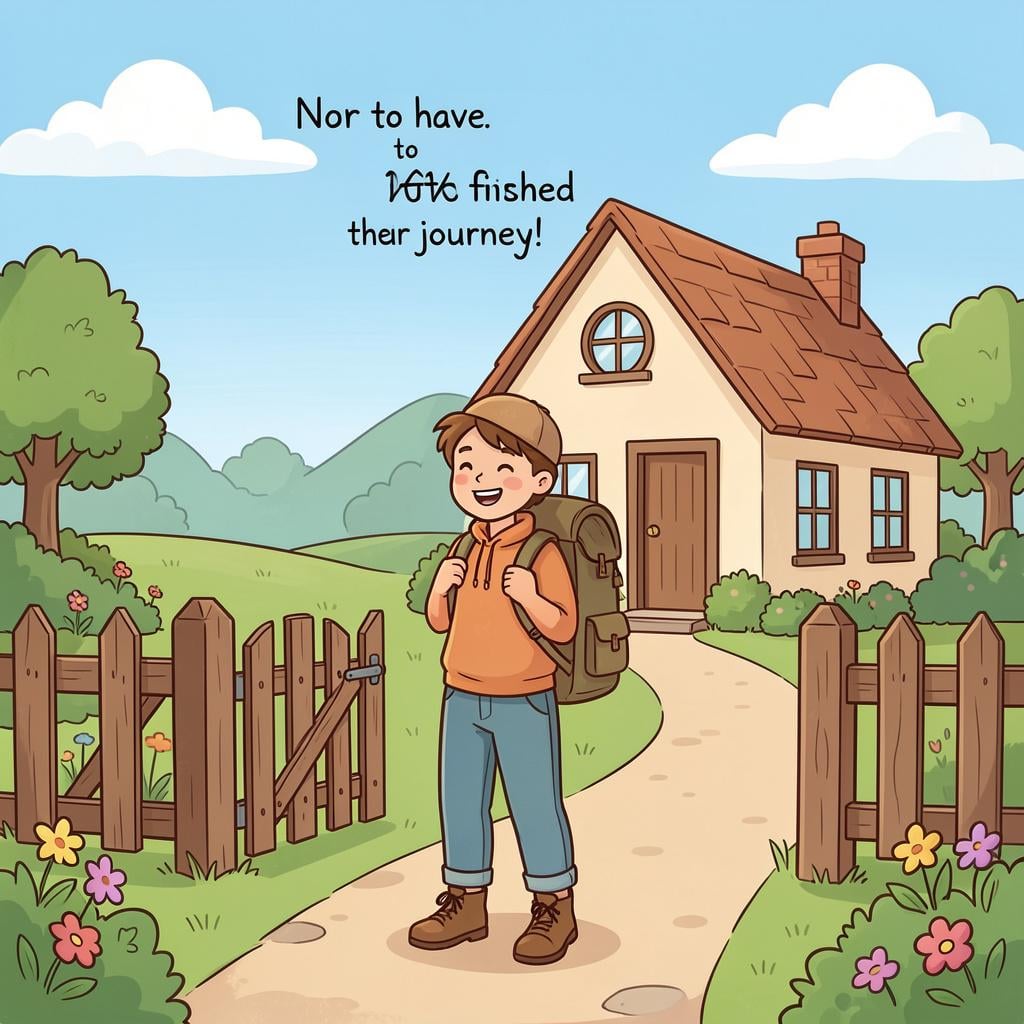 A traveler with a backpack standing at the gate of a cozy house at sunset.