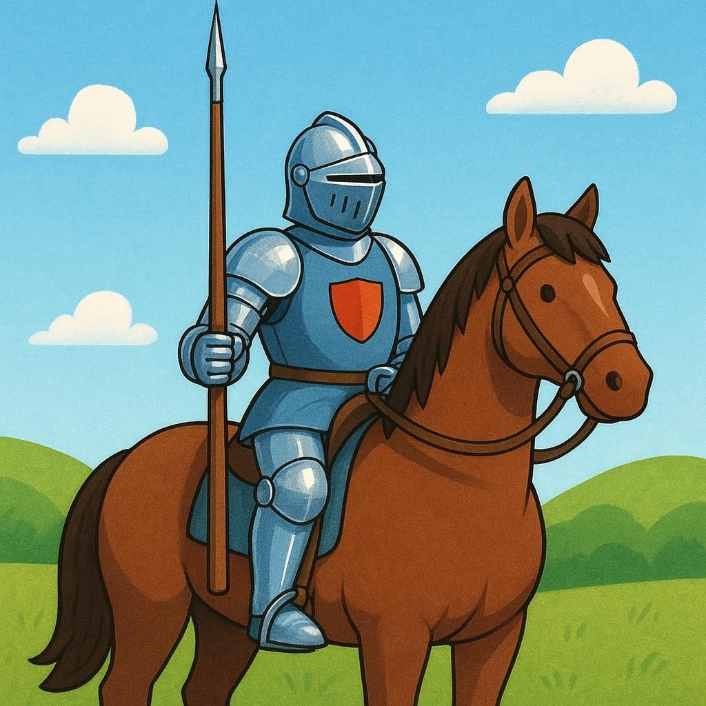 A historical figure, a knight in full silver armor, sitting atop a large brown horse and holding a lance.