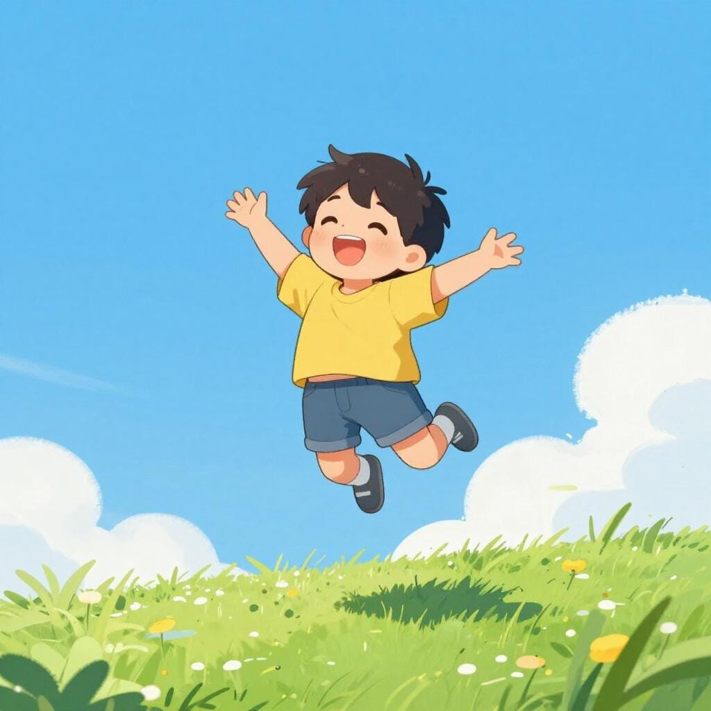 A child jumping high in the air with a big smile in a bright green field.