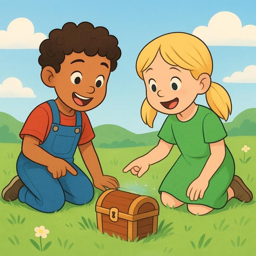 Two cheerful children kneeling in a sunny green field, pointing excitedly at a small wooden treasure chest they have just uncovered.