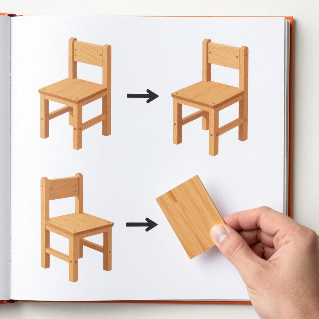 Um desenho simples de um manual de instruções estilo IKEA mostrando como montar uma pequena cadeira de madeira.