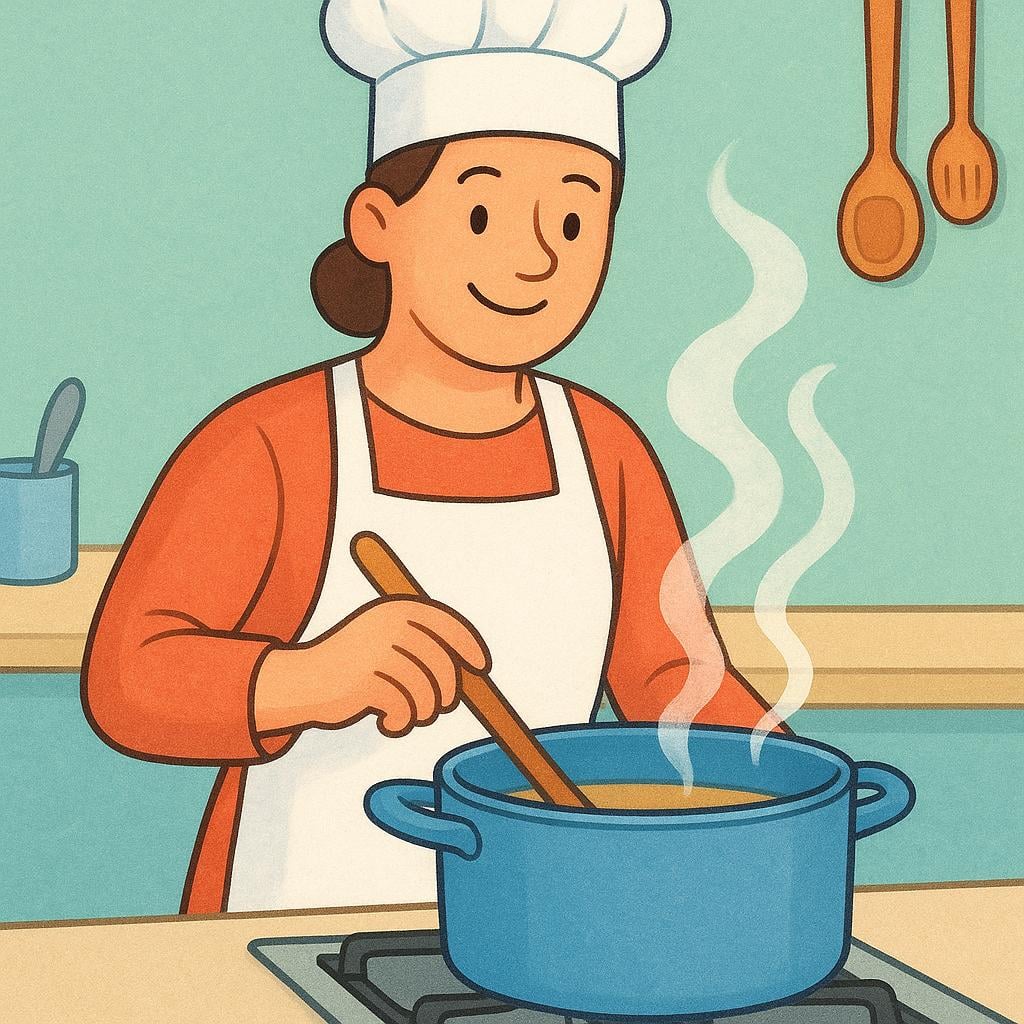 An illustration of a person wearing an apron and a chef hat, happily stirring a steaming pot on a stovetop, demonstrating the action of cooking.