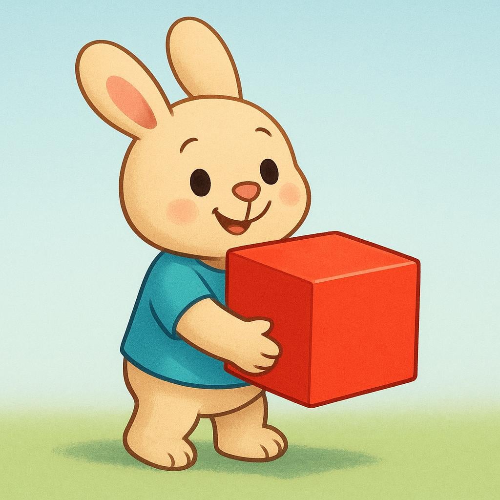 A friendly cartoon character smiling while easily carrying a small, colorful red box in both hands.