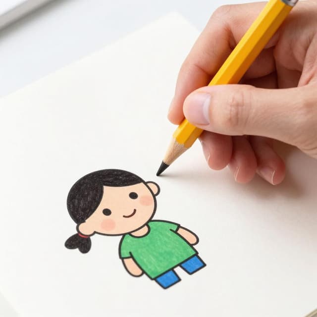 A close-up illustration of a wooden pencil drawing a small slanted mark above a letter on a piece of paper.