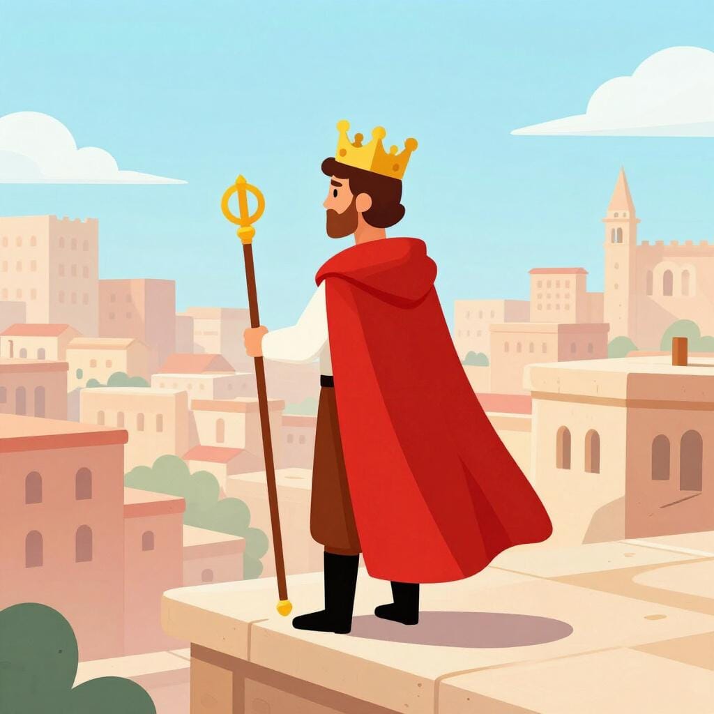 Une figure puissante se tenant sur un balcon avec une couronne et une cape, regardant une ville.