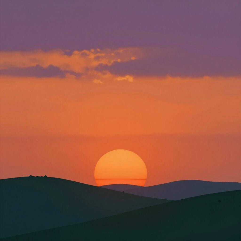 A bright orange sun sinking behind a silhouette of distant rolling hills.