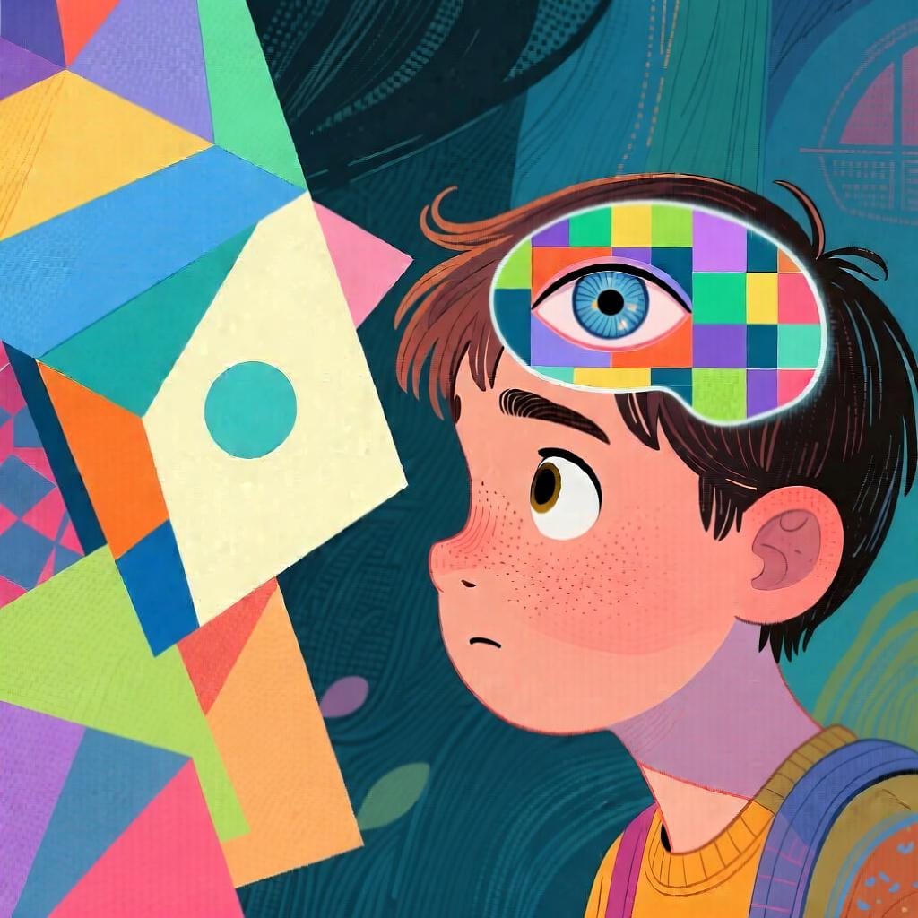 A young person looking at several confusing shapes that suddenly resolve into a clear, recognizable pattern.
