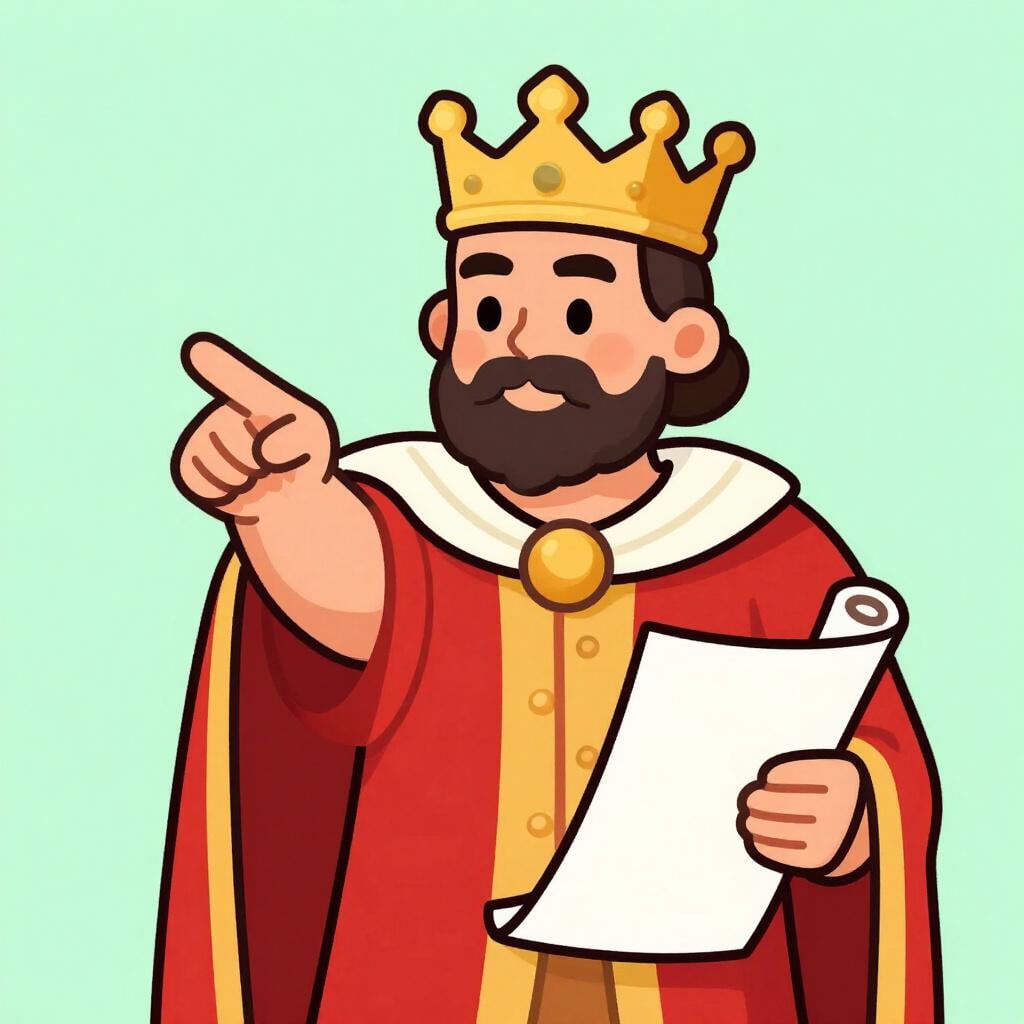 A king pointing with a firm gesture while holding a rolled scroll.