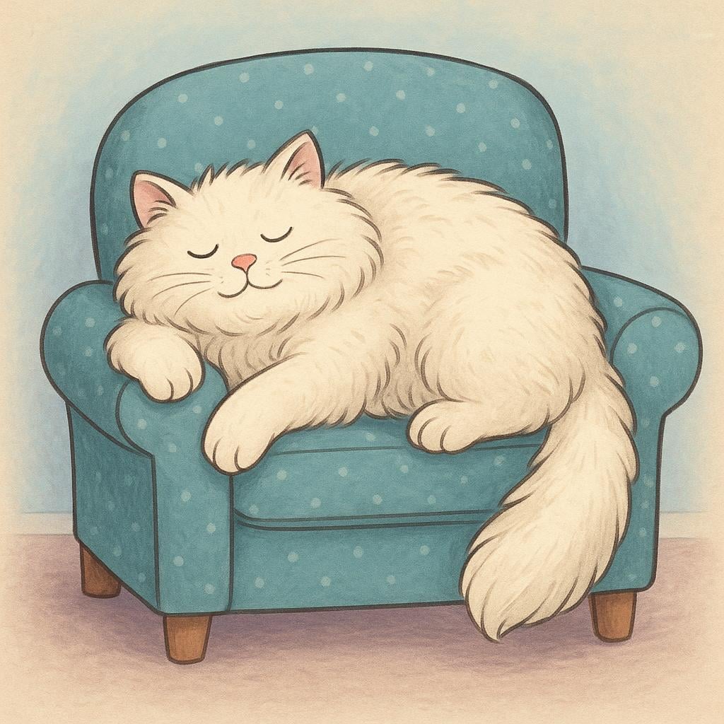 An extremely large, fluffy cat completely occupies and fills the entire seat of a comfortable armchair.