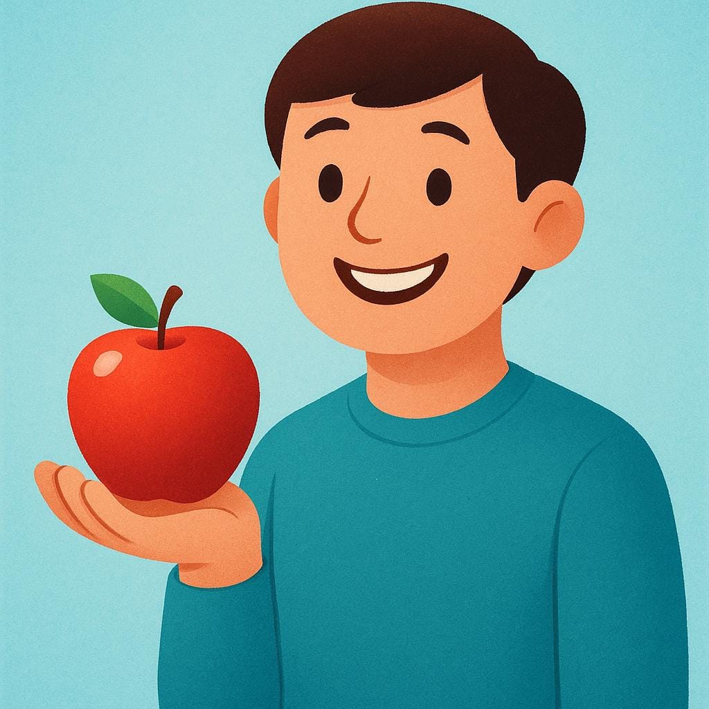 Uma pessoa estilizada e sorridente, em pé e segurando firmemente uma única maçã vermelha brilhante na mão, ilustrando posse.