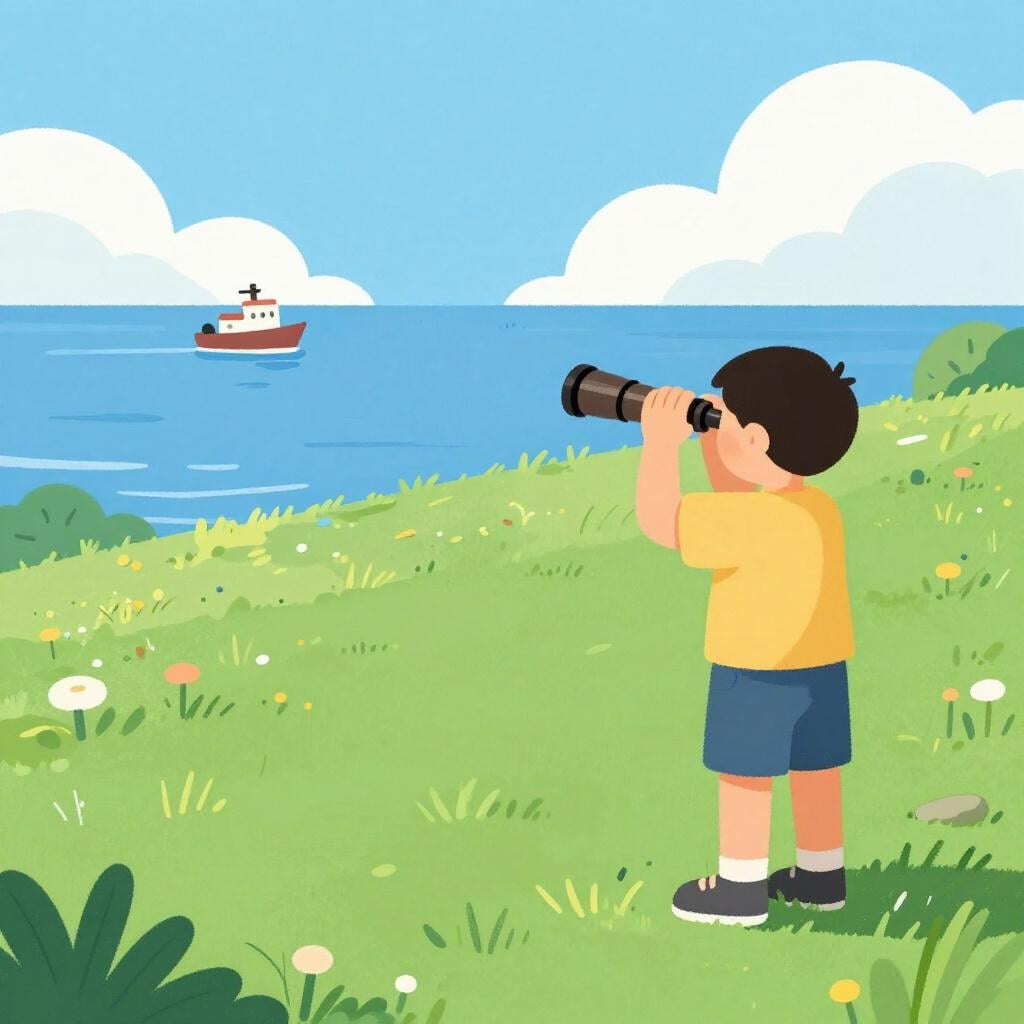 A person standing on a hill using their hand to shade their eyes while looking at a tiny boat on the horizon.