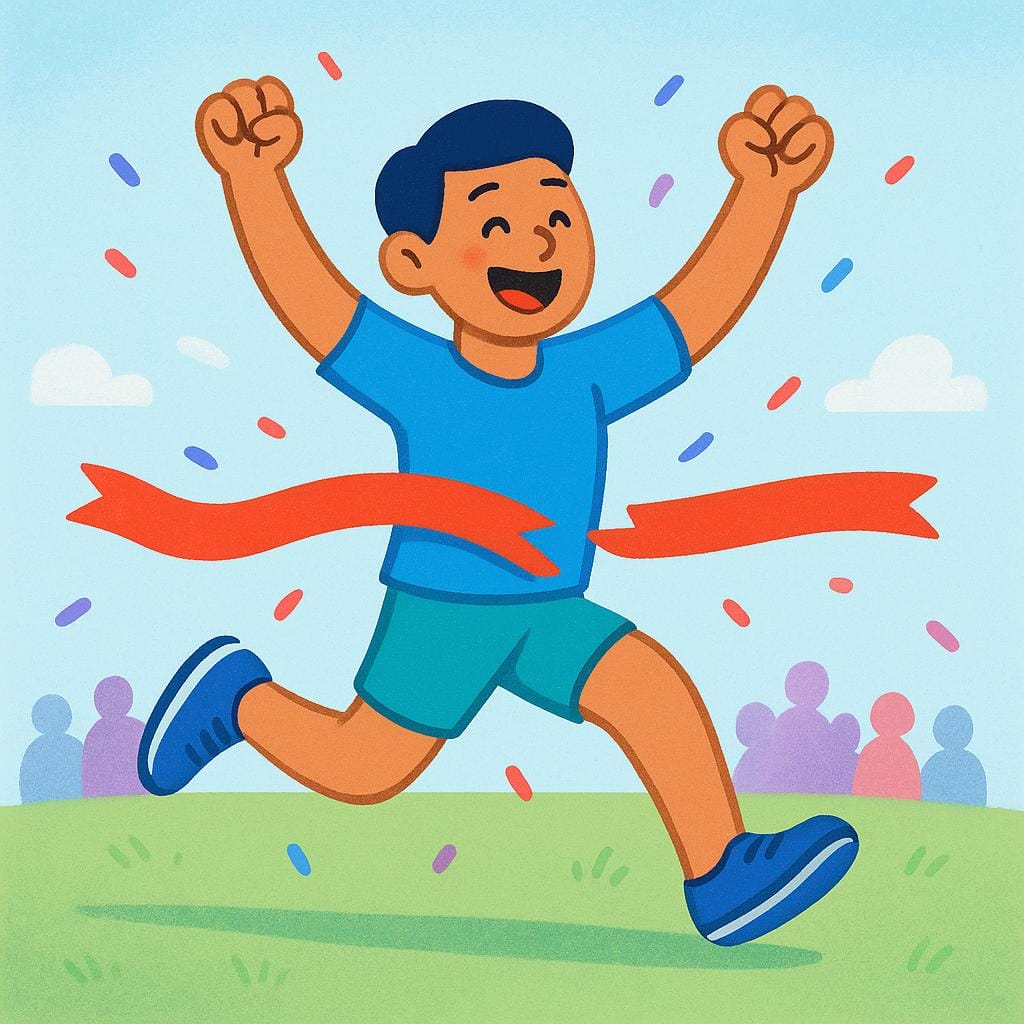 A cheerful runner in bright clothes crossing a red ribbon finish line, raising their arms in a clear gesture of victory and success.