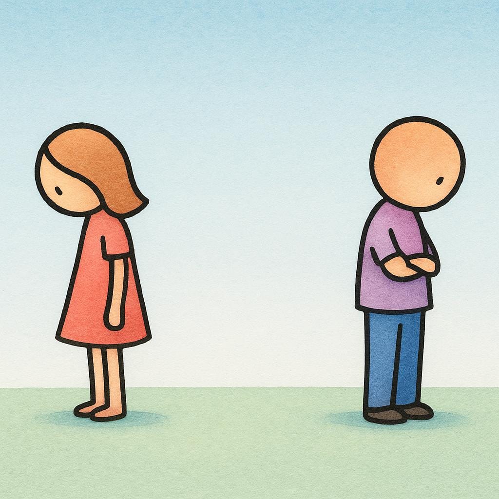 Due figure semplificate in piedi a distanza l'una dall'altra, dandosi le spalle, a simboleggiare una rottura sentimentale.