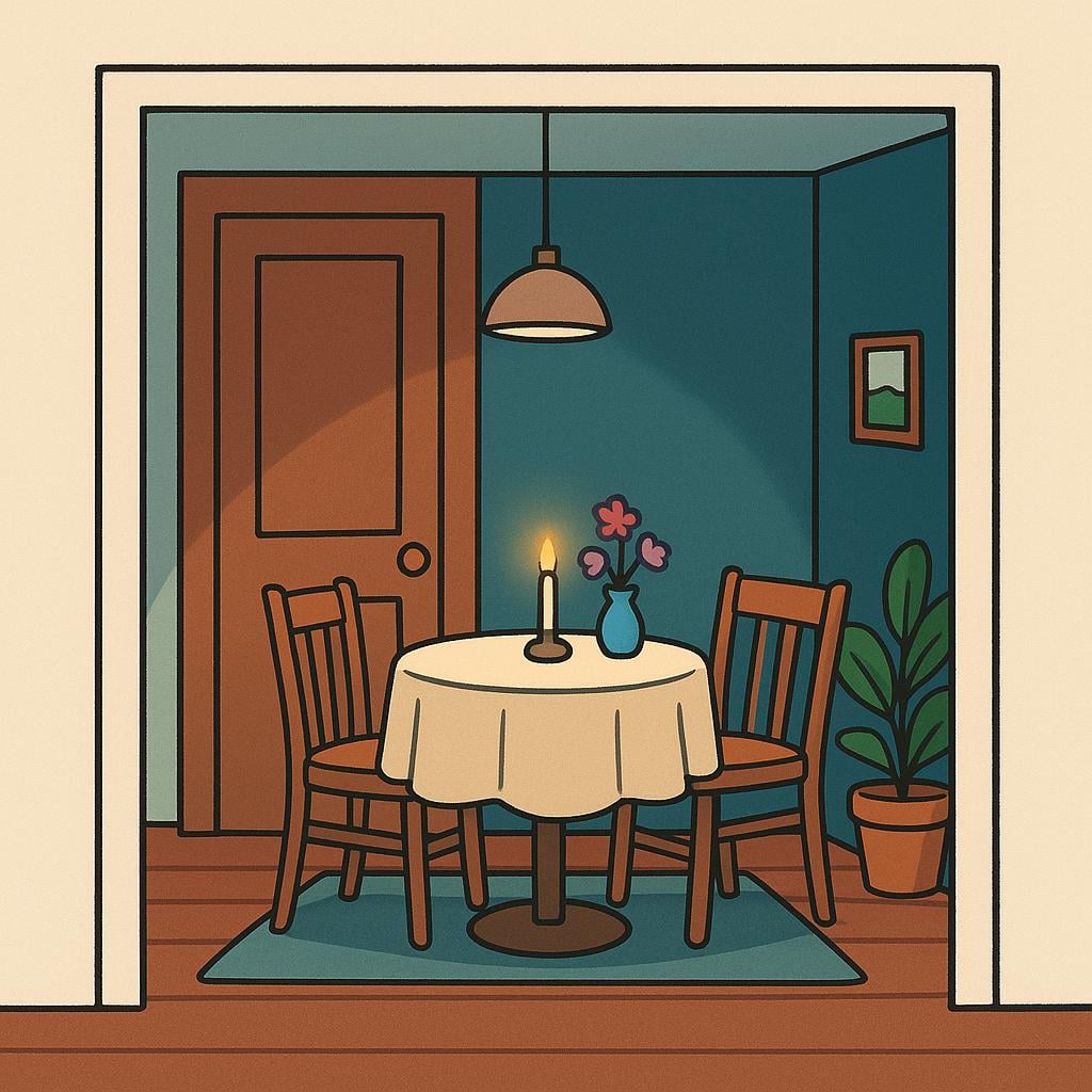 A cozy, small private dining room in a restaurant, featuring a single table set for two, clearly walled off from the main dining area.