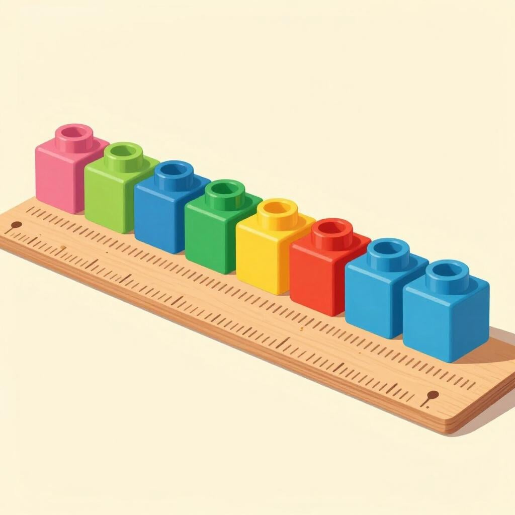 Una fila di blocchi giocattolo colorati identici perfettamente allineati secondo un righello dritto su un tavolo di legno.