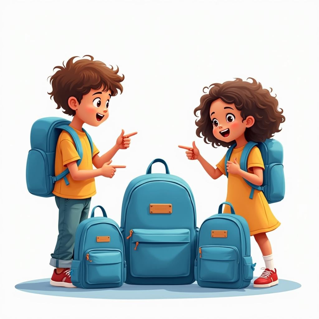 Two children standing proudly next to a group of three identical blue backpacks, claiming them as 'ours'.