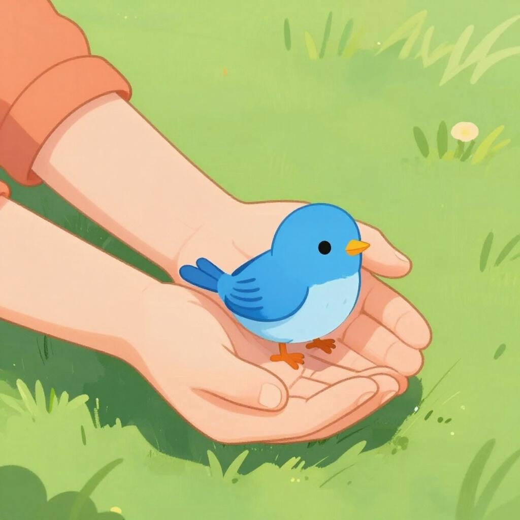 Een kind dat een klein vogeltje zachtjes in zijn handen houdt.