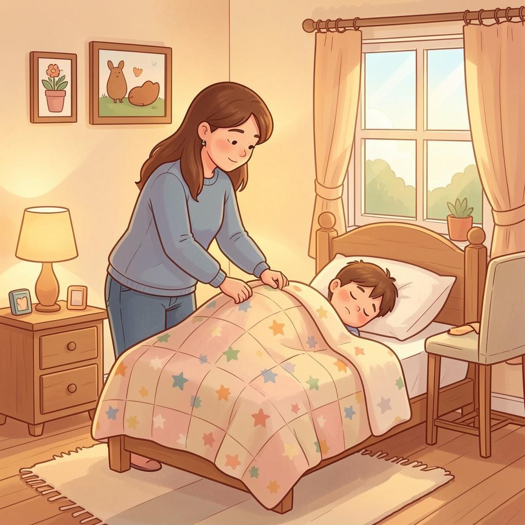 부모가 다채로운 담요가 덮인 아늑한 침대에 어린 아이를 부드럽게 눕히는 모습.
